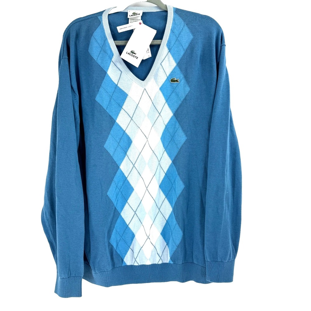 LACOSTE Argyle Diamond V-Neck Sweater Men's 2XL-7 Blue Preppy Academia Money NEW